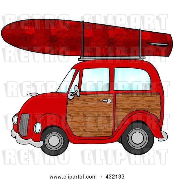 Clip Art of Retro Cartoon Red Woody Car with a Red Starry Surfboard on the Roof