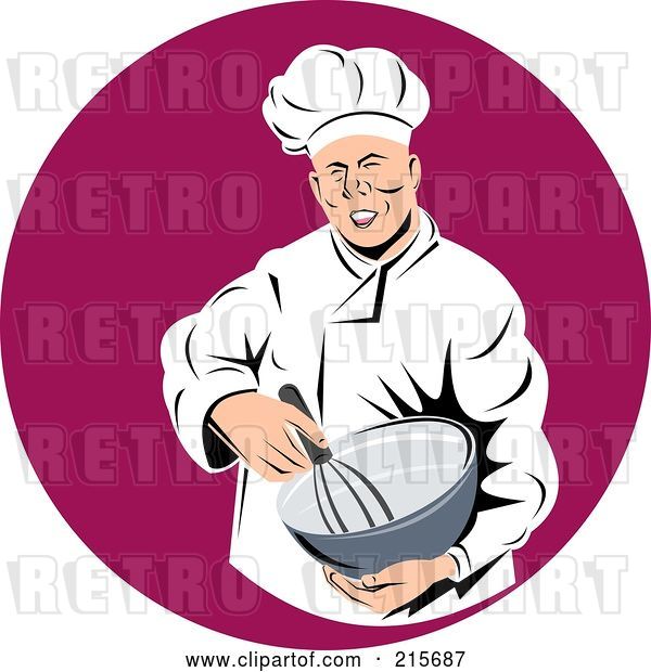 Clip Art of Retro Chef Mixing Ingredients over a Red Circle