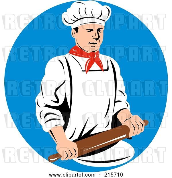 Clip Art of Retro Chef Using a Rolling Pin over a Blue Circle