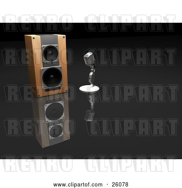 Clip Art of Retro Chrome Microphone Beside a Speaker on a Reflective Surface