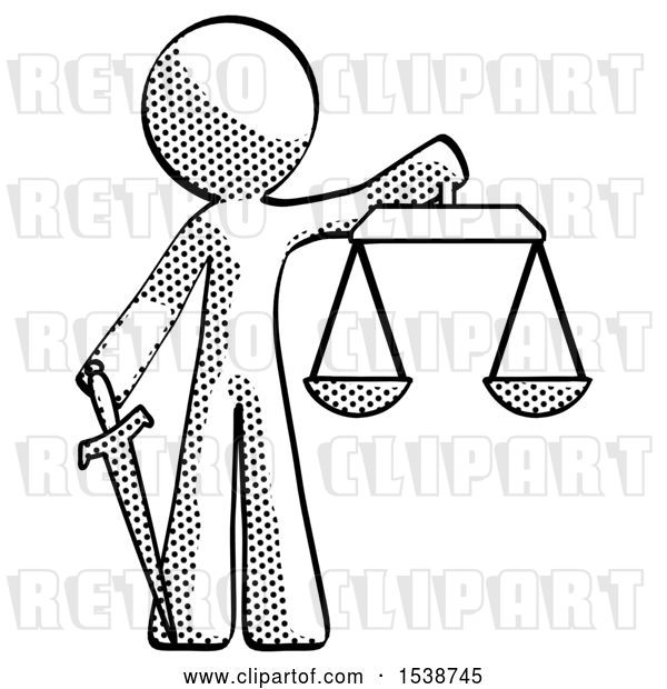 Clip Art of Retro Design Mascot Guy Justice Concept with Scales and Sword, Justicia Derived