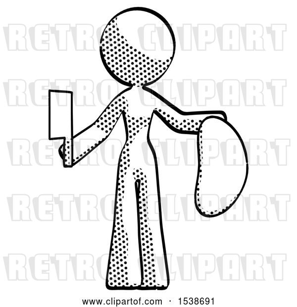 Clip Art of Retro Design Mascot Lady Holding Large Steak with Butcher Knife