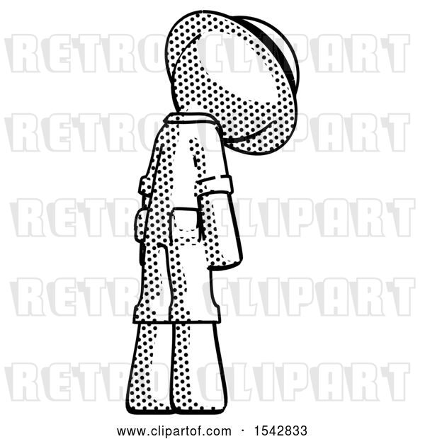 Clip Art of Retro Explorer Guy Depressed with Head Down, Back to Viewer, Right