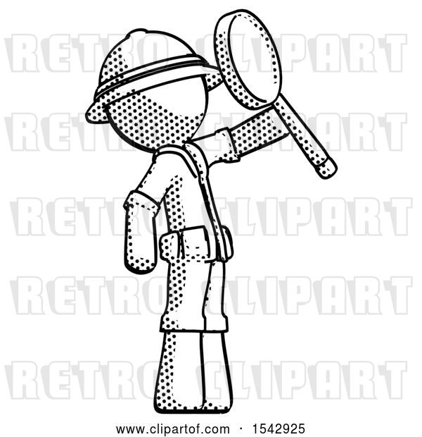 Clip Art of Retro Explorer Guy Inspecting with Large Magnifying Glass Facing up