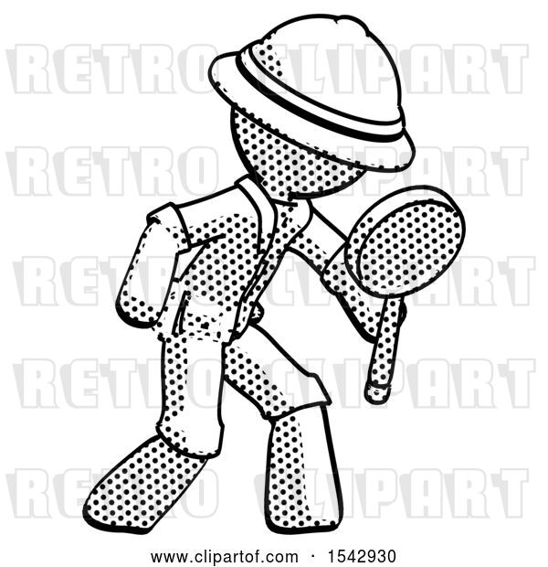 Clip Art of Retro Explorer Guy Inspecting with Large Magnifying Glass Right
