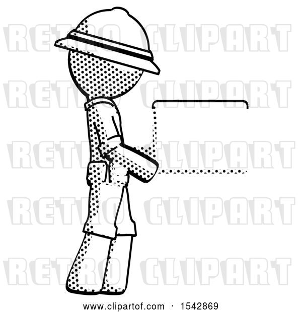 Clip Art of Retro Explorer Guy Show Tablet Device Computer to Viewer, Blank Area
