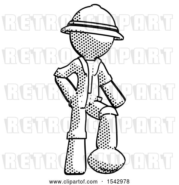Clip Art of Retro Explorer Guy Standing with Foot on Football