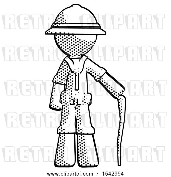 Clip Art of Retro Explorer Guy Standing with Hiking Stick