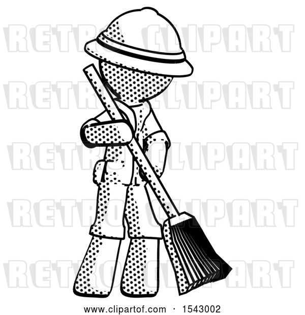 Clip Art of Retro Explorer Guy Sweeping Area with Broom