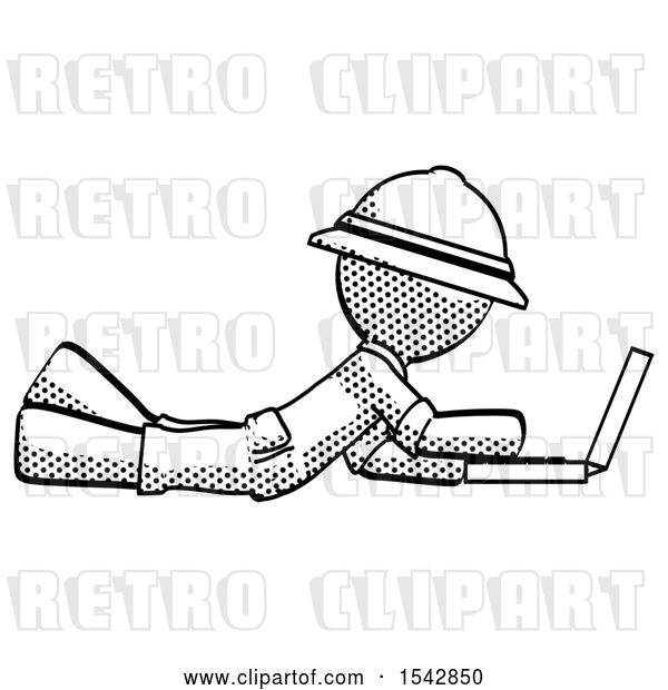 Clip Art of Retro Explorer Guy Using Laptop Computer While Lying on Floor Side View