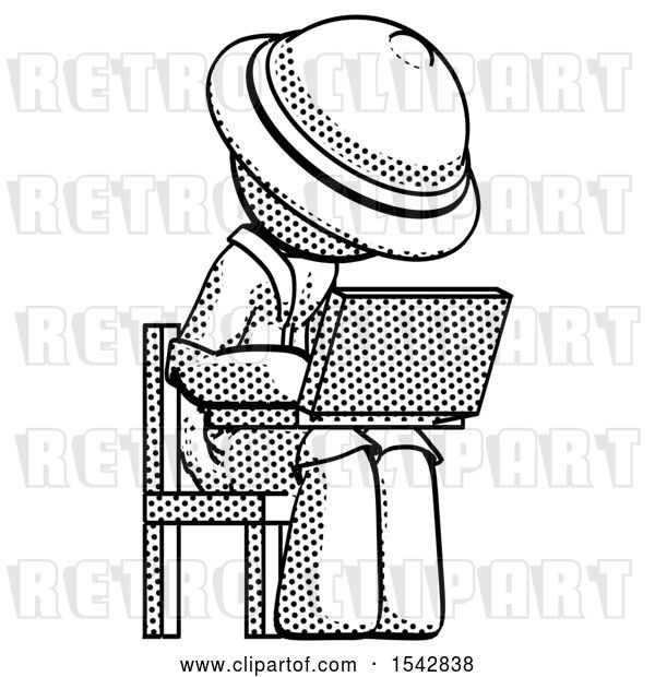 Clip Art of Retro Explorer Guy Using Laptop Computer While Sitting in Chair Angled Right
