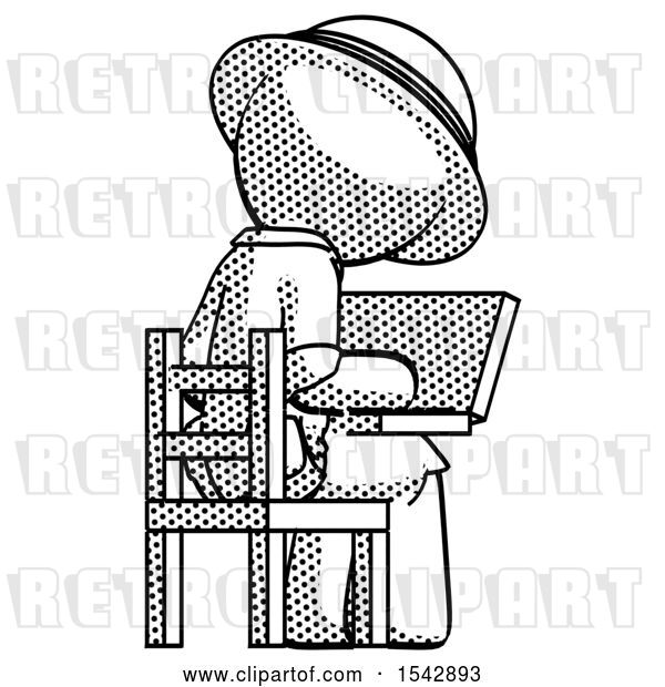Clip Art of Retro Explorer Guy Using Laptop Computer While Sitting in Chair View from Back