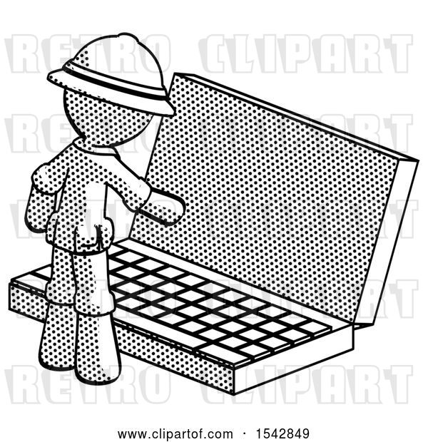 Clip Art of Retro Explorer Guy Using Large Laptop Computer