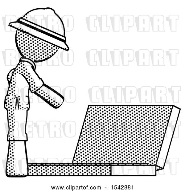 Clip Art of Retro Explorer Guy Using Large Laptop Computer Side Orthographic View