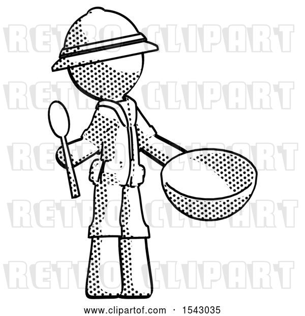 Clip Art of Retro Explorer Guy with Empty Bowl and Spoon Ready to Make Something