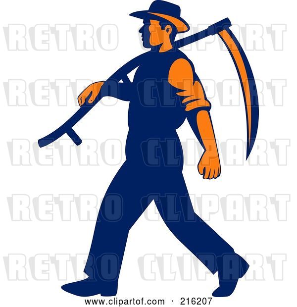 Clip Art of Retro Farmer Walking with a Scythe over His Shoulder