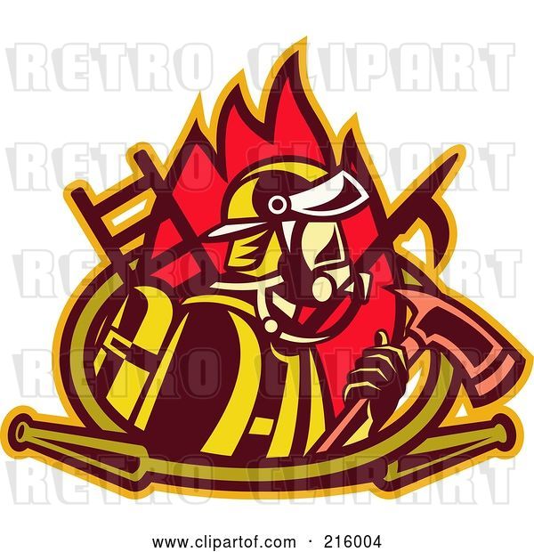 Clip Art of Retro Firefighter with an Axe, Ladder, Flames and Hose