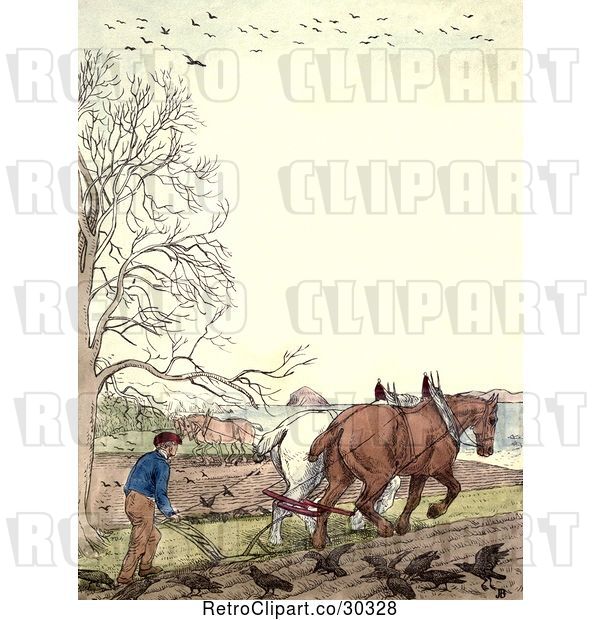 Clip Art of Retro Frame of a Guy and Horses Ploughing