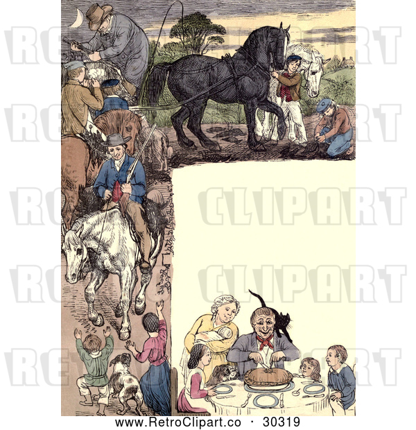 Clip Art of Retro Frame of Dining People and Horses