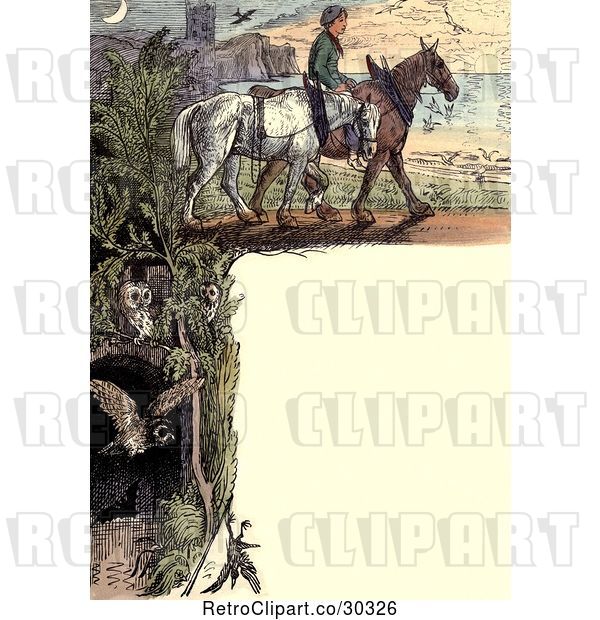 Clip Art of Retro Frame of Owls a Guy and Horses