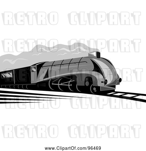 Clip Art of Retro Gray Steam Engine Train Speeding down a Track