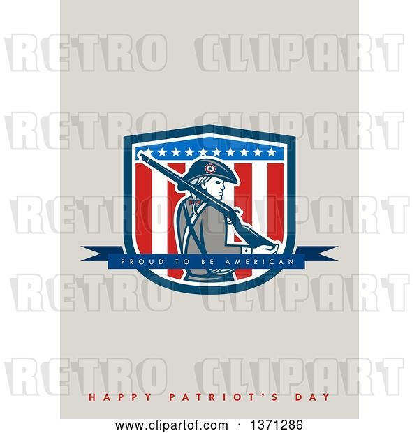 Clip Art of Retro Greeting Card Design with an American Patriot Minuteman Proud to Be American, Happy Patriot's Day Text