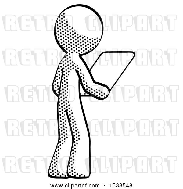 Clip Art of Retro Guy Looking at Tablet Device Computer Facing Away