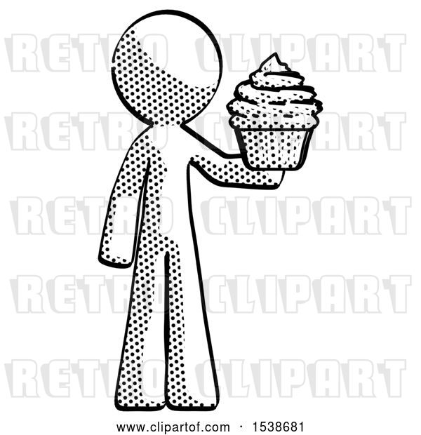 Clip Art of Retro Guy Presenting Pink Cupcake to Viewer