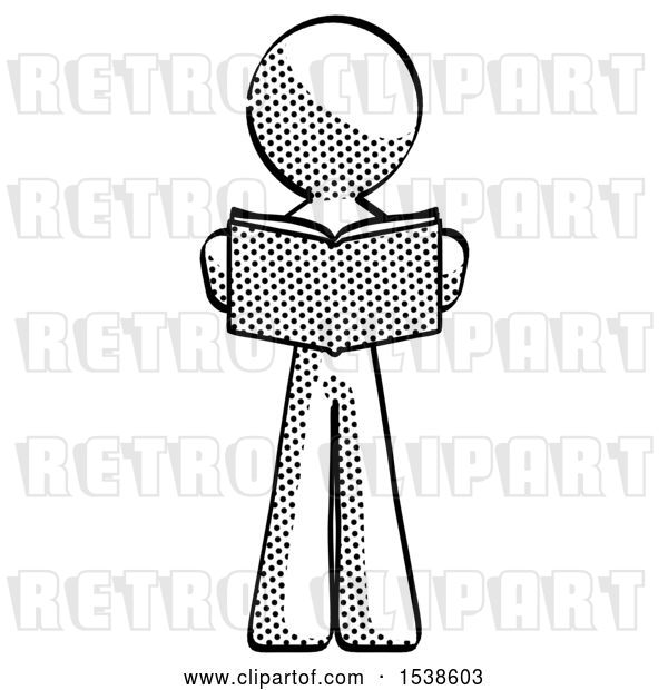 Clip Art of Retro Guy Reading Book While Standing up Facing Viewer