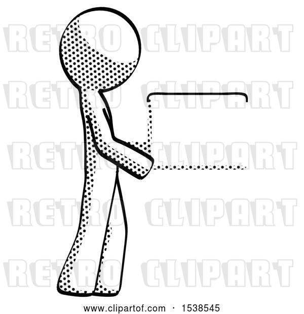 Clip Art of Retro Guy Show Tablet Device Computer to Viewer, Blank Area