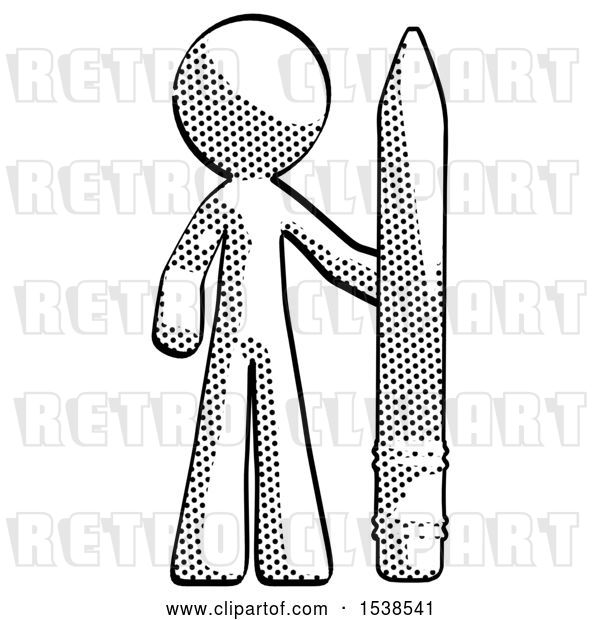Clip Art of Retro Guy with Large Pencil Standing Ready to Write