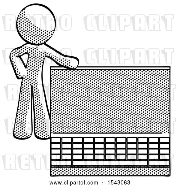 Clip Art of Retro Halftone Design Mascot Guy Beside Large Laptop Computer, Leaning Against It