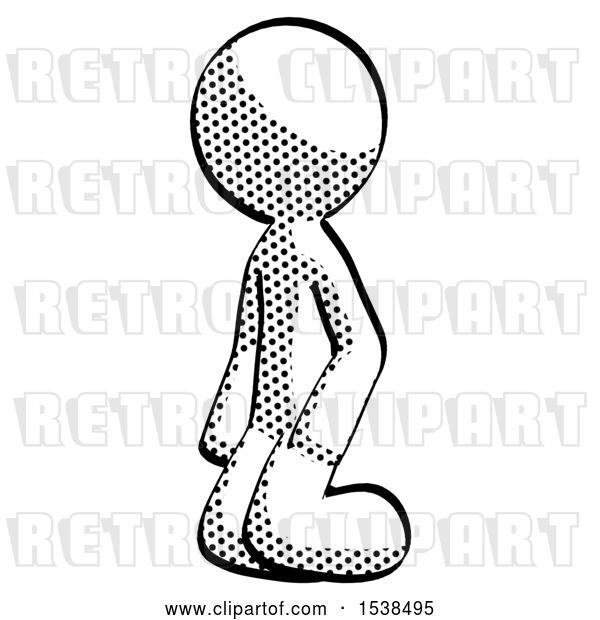 Clip Art of Retro Halftone Design Mascot Guy Kneeling Angle View Left