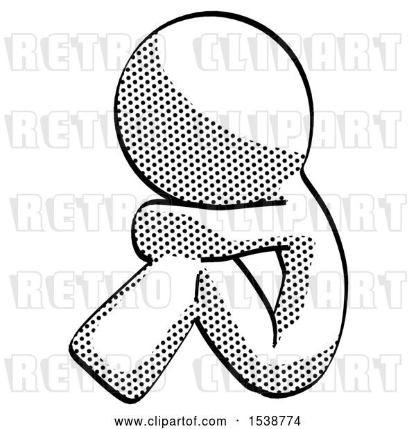 Clip Art of Retro Halftone Design Mascot Guy Sitting with Head down Facing Sideways Left