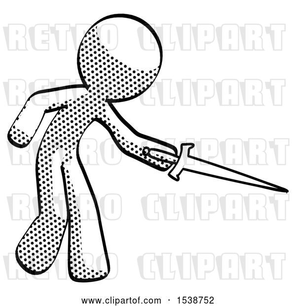 Clip Art of Retro Halftone Design Mascot Guy Sword Pose Stabbing or Jabbing
