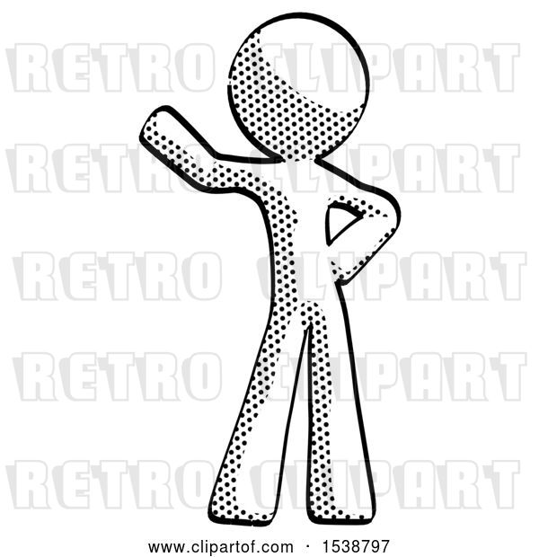 Clip Art of Retro Halftone Design Mascot Guy Waving Right Arm with Hand on Hip