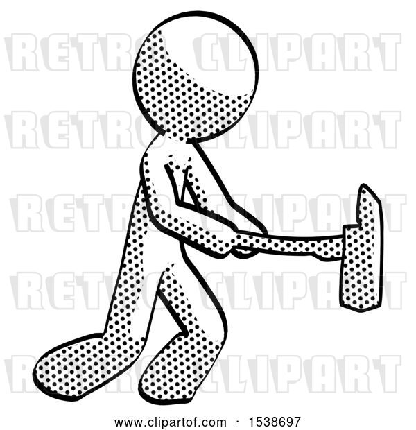 Clip Art of Retro Halftone Design Mascot Guy with Ax Hitting, Striking, or Chopping