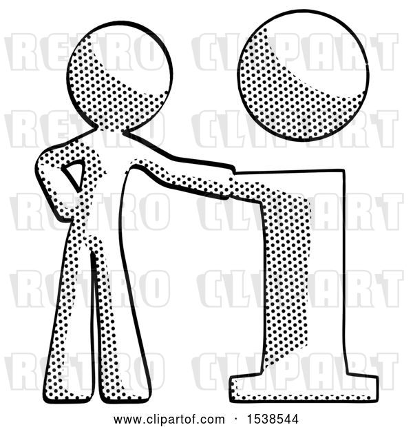 Clip Art of Retro Halftone Design Mascot Guy with Info Symbol Leaning up Against It
