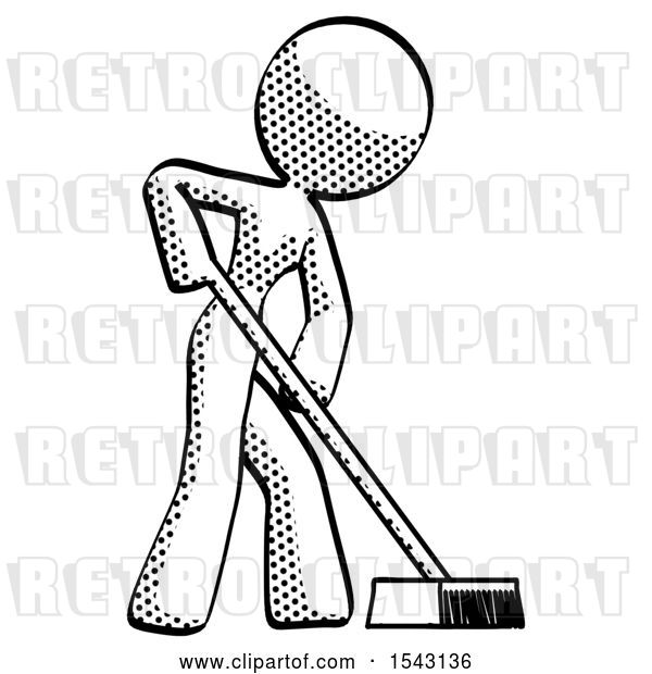 Clip Art of Retro Halftone Design Mascot Lady Cleaning Services Janitor Sweeping Side View
