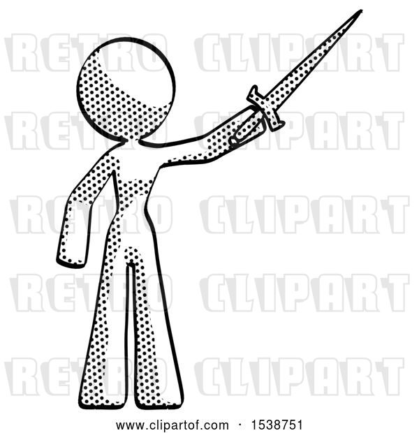 Clip Art of Retro Halftone Design Mascot Lady Holding Sword in the Air Victoriously
