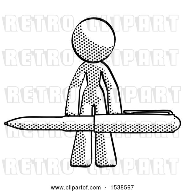 Clip Art of Retro Halftone Design Mascot Lady Lifting a Giant Pen like Weights