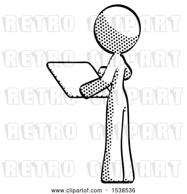 Clip Art of Retro Halftone Design Mascot Lady Looking at Tablet Device Computer with Back to Viewer