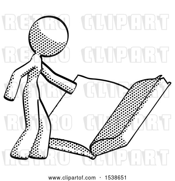 Clip Art of Retro Halftone Design Mascot Lady Reading Big Book While Standing Beside It