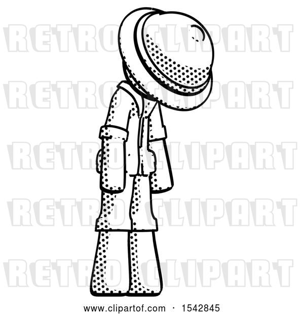 Clip Art of Retro Halftone Explorer Ranger Guy Depressed with Head down Turned Right