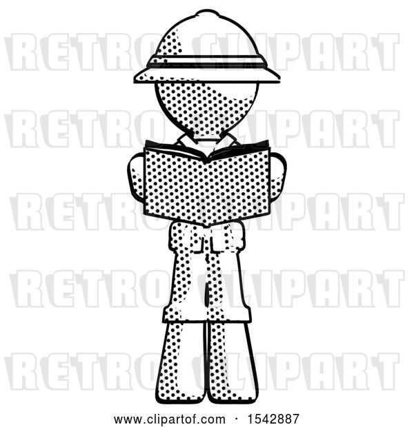 Clip Art of Retro Halftone Explorer Ranger Guy Reading Book While Standing up Facing Viewer