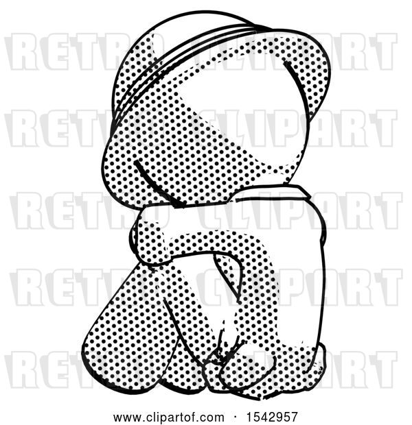 Clip Art of Retro Halftone Explorer Ranger Guy Sitting with Head down Back View Facing Left