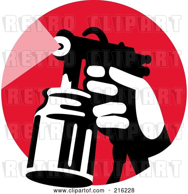 Clip Art of Retro Hand Using a Spray Container on a Red Circle