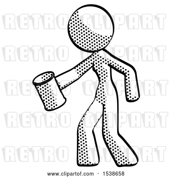 Clip Art of Retro Lady Begger Holding Can Begging or Asking for Charity Facing Left