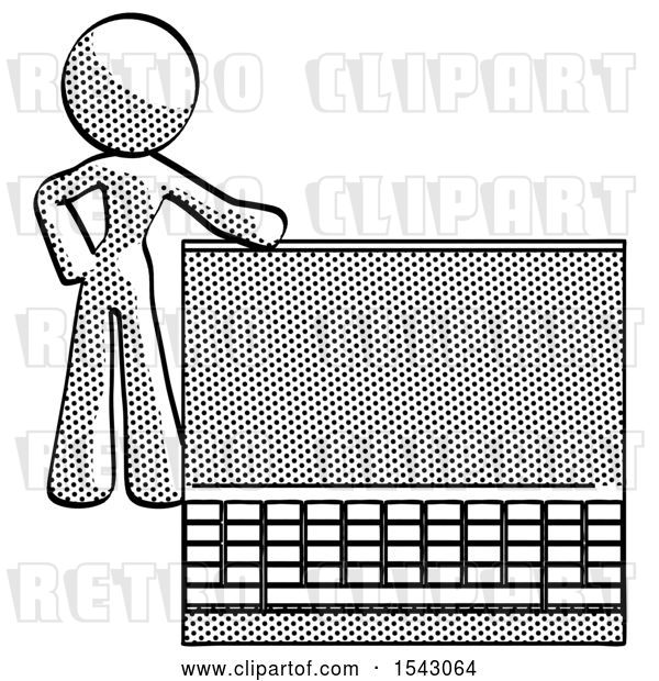 Clip Art of Retro Lady Beside Large Laptop Computer, Leaning Against It