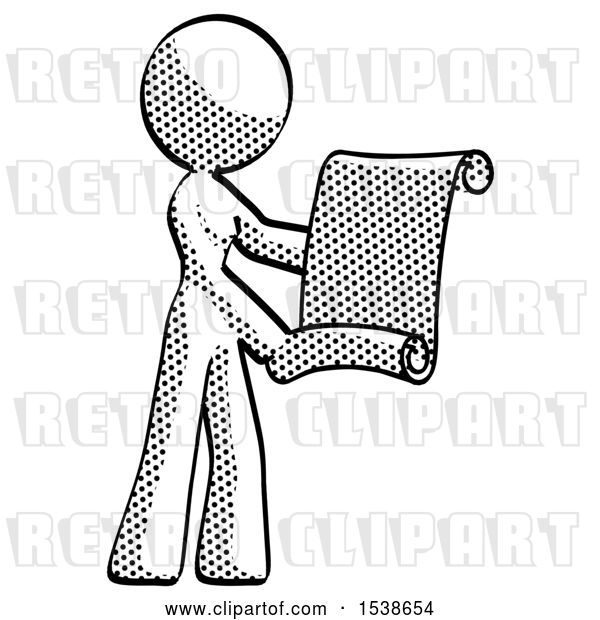 Clip Art of Retro Lady Holding Blueprints or Scroll